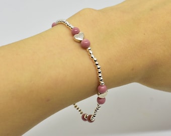 Rhodonite 4mm Stretch Bracelet with Silver Heart Charms, Minimalist, Mini, Thin, Dainty, Small