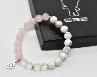 Quartz rose, Howlite, Cristal mat, Bracelet Extensible 8 mm, Rose et Blanc, Ange, Angélique, Coeur, Famille, Femme