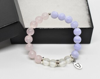 Blaue Spitze Achat, Rosenquarz, Matt Kristall, 8 mm Stretch-Armband, hellblau, rosa, Pastell, Regenbogen, Match, die Hälfte