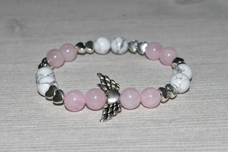 Angelic Family 8 mm Stretch Bracelet with Heart with Wings Charm Mother Daughter Love Angel Peace,Calm Howlite Passion Rose Quartz
