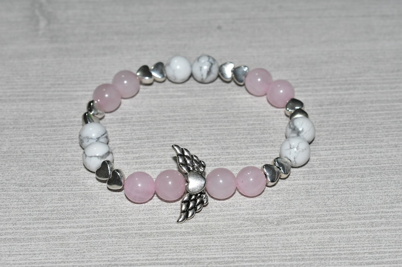 Angelic Family 8 mm Stretch Bracelet with Heart with Wings Charm Mother Daughter Love Angel Peace,Calm Howlite Passion Rose Quartz