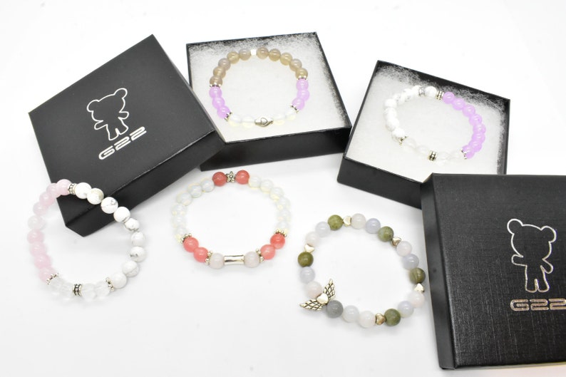 Angelic Family 8 mm Stretch Bracelet with Heart with Wings Charm Mother Daughter Love Angel Peace,Calm Howlite Passion Rose Quartz