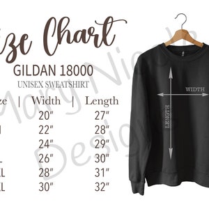 Gildan 18000 Size Chart | Hanging Size Chart for Gildan | Gildan 1800 Mockup and size chart | White background Gildan 18000 Size Guide