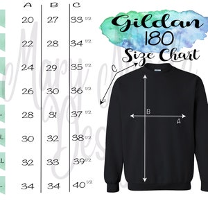 May include: Gildan 180 Size Chart for sweatshirts. The chart shows measurements in inches for sizes S through 5XL. Measurements include length (A), width (B), and sleeve length (C).