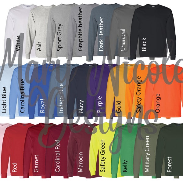 gildan 540/ Unisex Jersey Color Chart // Etsy Color Chart // long sleeve Color Chart