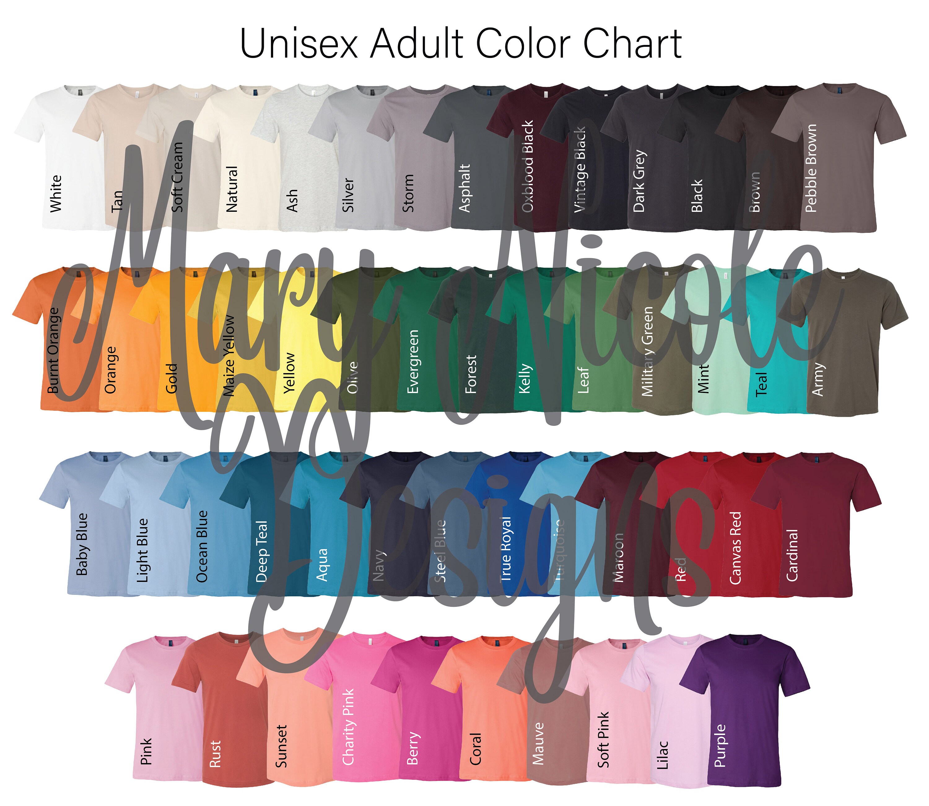 Every Color Digital File Shirt Color Chart // Bella and Canvas - Etsy