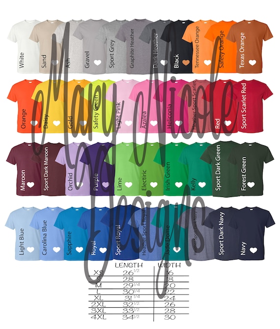 Gildan 8000 Unisex Color Chart // Etsy Color Chart - Etsy