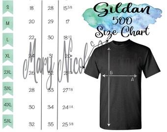 May include: A size chart for Gildan 500 t-shirts, showing measurements in inches for the neck, chest, and length of the shirt in sizes S through 5XL.