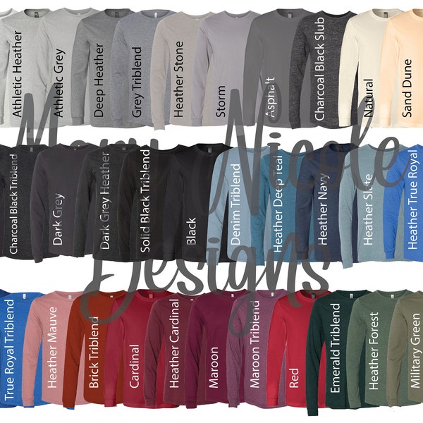 Bella and Canvas 3501 longsleeve   Color Chart // Etsy Color Chart // Tshirt Color Chart