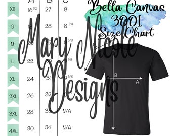 May include: A size chart for Bella Canvas 3001 t-shirts. The chart shows the measurements in inches for the width (A) and length (B) of the shirt, as well as the sleeve length (C) for different sizes, from XS to 4XL.