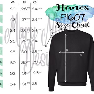 May include: Size chart for Hanes P1607 sweatshirt. The chart shows measurements for the chest, body length, and sleeve length in inches for sizes S through 5XL.