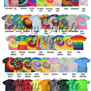 May include: A collection of 64 tie-dye t-shirts in various colours and patterns. The shirts are arranged in a grid, with each shirt labelled with a name. The names include Aurora, Black Rainbow, Blast, Blaze, Blue Ice, Blue Jerry, Blue Ocean, Blue Sky, Camo, Camo Swirl, Carnival, Coral Reef, Cotton Candy, Desert Rose, Earth, Eclipse, Eternity, Evening Sky, Festival, Firecracker, Flag, Flashback, Flo Blue/Pink, Flo Yellow/Lime, Florescent Swirl, Funnel Cake, Galaxy, Independence, Jelly Bean, Kalidoscope, Karma, Kingston, Lagoon, Lava Lamp, Lotus, Mardi Gras, Marshmallow, Mint Fusion, Minty Rainbow, Montego Bay, Moondance, Multi Rainbow, Mystique, Neon Rainbow, Pastel Neon, Pride, Rainbow Burst, Rasta Web, Reactive Rainbow, Santa Barbara, Saturn, Sherbert, Slushy, Snow Cone, Spider Baby Blue, Spider Black, Spider Burgundy, Spider Crimson, Spider Dandelion, Spider Gold, Spider Grey, Spider Green, Spider Kelly, Spider Lime, Spider Navy, Spider Orange, Spider Pink, Spider Purple, Spider Red, Spider Royal, Spider Silver, Spider Turquoise Lavender/Blue, Spiral Yellow/Blue, Stella Blue, Sunburst Rainbow, Sunshine, Taffy, Union Jack, Wild Spider, Woodstock, Zen Rainbow.