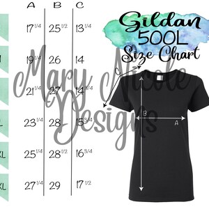 gildan g500L Gráfico de tallas Camiseta Mockup Flat Lay