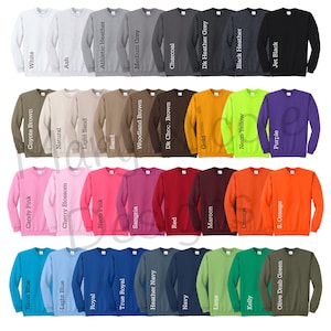 May include: A collection of crewneck sweatshirts in various colors, including white, gray, black, brown, pink, blue, and green. Each sweatshirt is displayed with its color name, such as "Neon Blue" and "Jet Black."