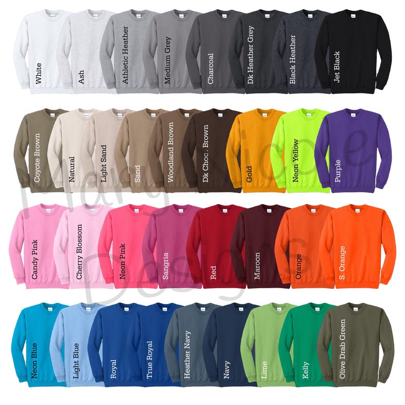 May include: A collection of crewneck sweatshirts in various colors, including white, gray, black, brown, pink, blue, and green. Each sweatshirt is displayed with its color name, such as "Neon Blue" and "Jet Black."