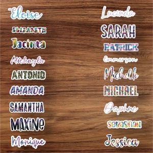 May include: A collection of name stickers in various fonts and colorful patterns. Names include Eloise, Elizabeth, Jacinta, Mickayla, Antonio, Amanda, Samantha, Maxine, Monique, Lucinda, Sarah, Patrick, Emmerson, Michelle, Michael, Daphne, Sebastian, and Jessica.