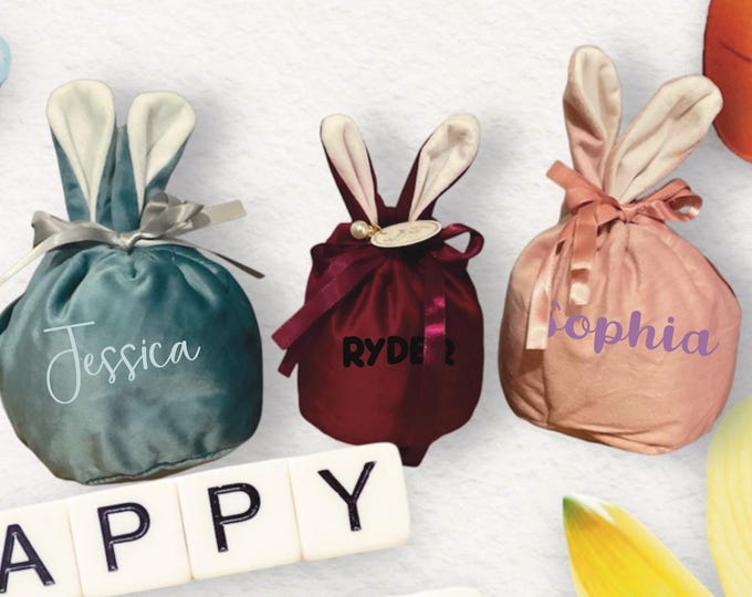 Personalized velvet bunny ear Easter bags large, medium and mini.