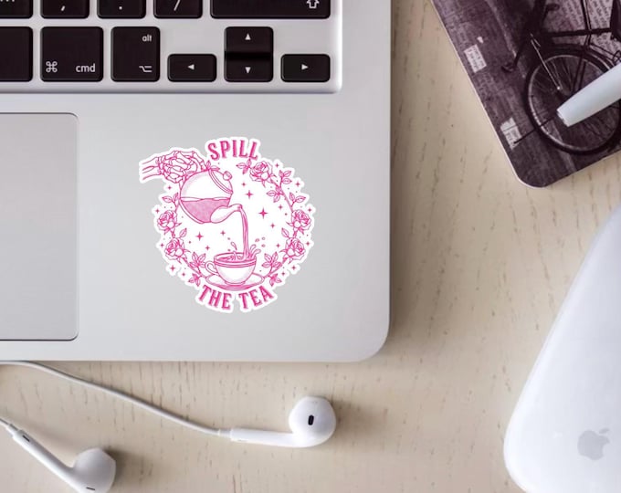 Spill the tea skeleton hand floral sticker available in holographic matte and gloss