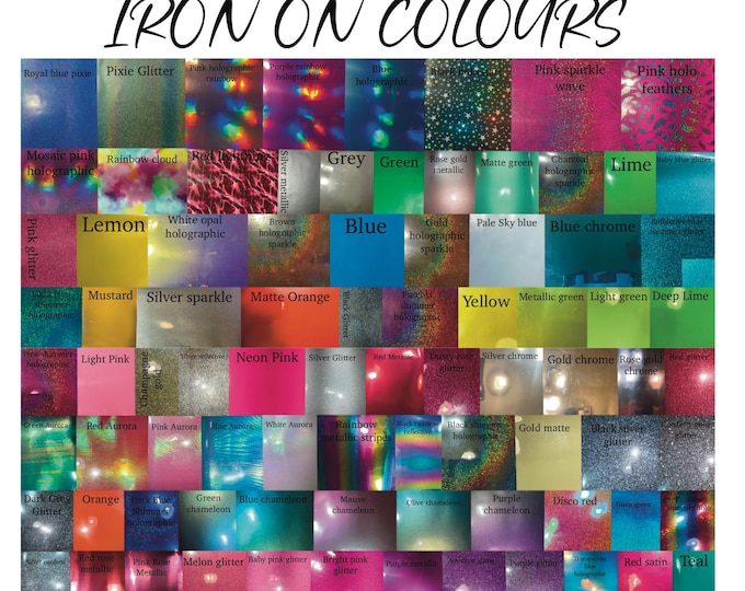 Iron on name decals name tags, Aurora, holographic, metallic, glitter, assorted sizes, reflective.