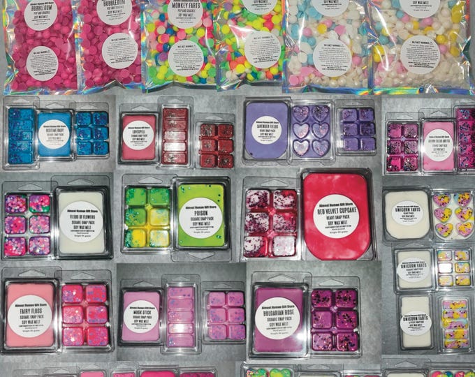 Wax melts, melt drops, snap wax. Highly scented. Long lasting throw.