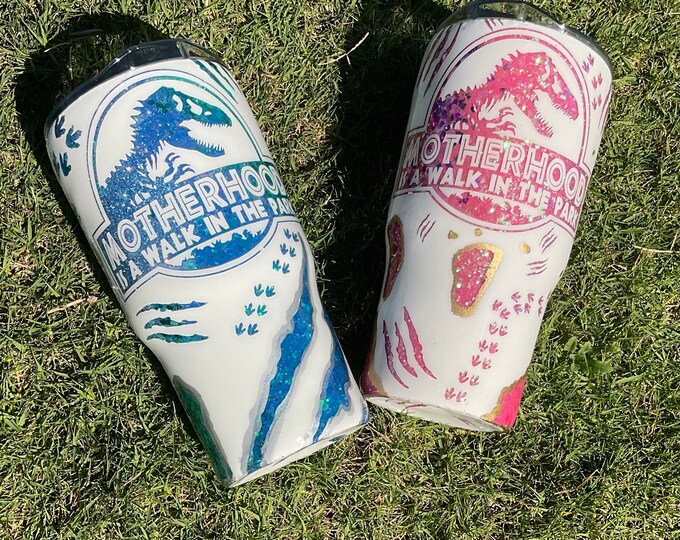 Motherhood is a walk in the park distressed tumblers, Jurassic, dinosaur, glitter