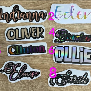 May include: Eight personalised name stickers with different fonts and designs. The names are:  1.  'Indianna', 2. 'Eden', 3. 'Oliver', 4. 'Brooklyn', 5. 'Clinton', 6. 'Ollie', 7. 'Louise', 8. 'Sarah'.