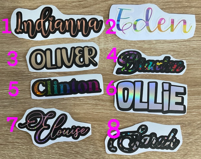Offset name tags, labels, vinyl decal labels, holographic, patterned, bold, labels, decals.