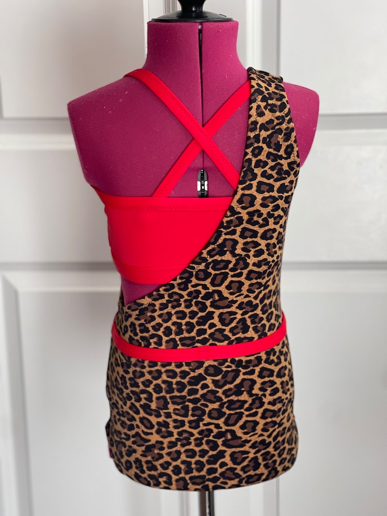 May include: A red and brown leopard print dance leotard with a criss-cross strap back.