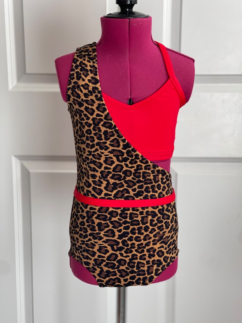 May include: A red and brown leotard with a leopard print design. The leotard has a red bodice and a brown leopard print skirt. The leotard is on a mannequin.
