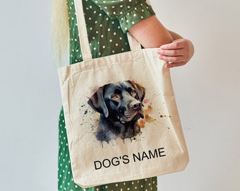 Borsa shopping in cotone con l'immagine del simpatico cane LABRADOR Retriever NERO e il nome del cane BAG.253