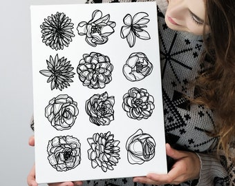 Washable tattoos set of flowers / set of graphics with big black flowers fake tattoo / plant party tattoos / body stickers TATTOO.104
