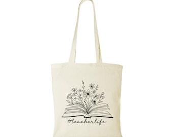 Teacher life tote bag floral book print shopping bag gift for teacher BAG.259