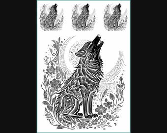 Howling Wolf Temporary Tattoo Black White Wolf Silhouette Tattoo Sheet TATTOO.503