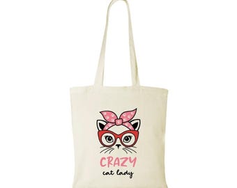 Cotton tote bag Crazy Cat Lady funny cat print shopping bag gift for cat lover BAG.298