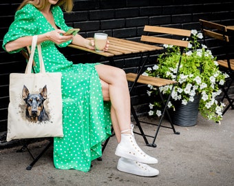 Cotton shopping bag tote bag with a picture of DOBERMAN cute dog BAG.217