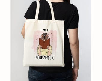 Cotton tote bag Bookaholic tote bag book lover gift reader shopping bag BAG.326