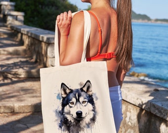 Cotton shopping bag tote bag with a picture of Siberian husky cute dog BAG.288