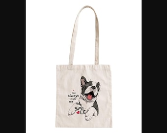 You Always Make Me Smile Dog Tote Bag Cotton Canvas Shopping Bag BAG.349