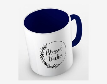 Blessed Teacher Mug Navy Blue Coffee Cup Elegant Floral Wreath Teacher Gift KUBEK.695