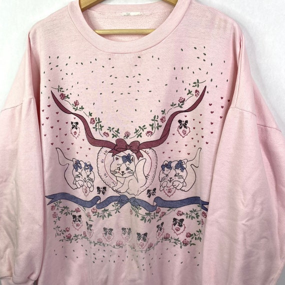 VTG 90s Crazy Cat Lady All Over Cat Print Pink Pa… - image 2