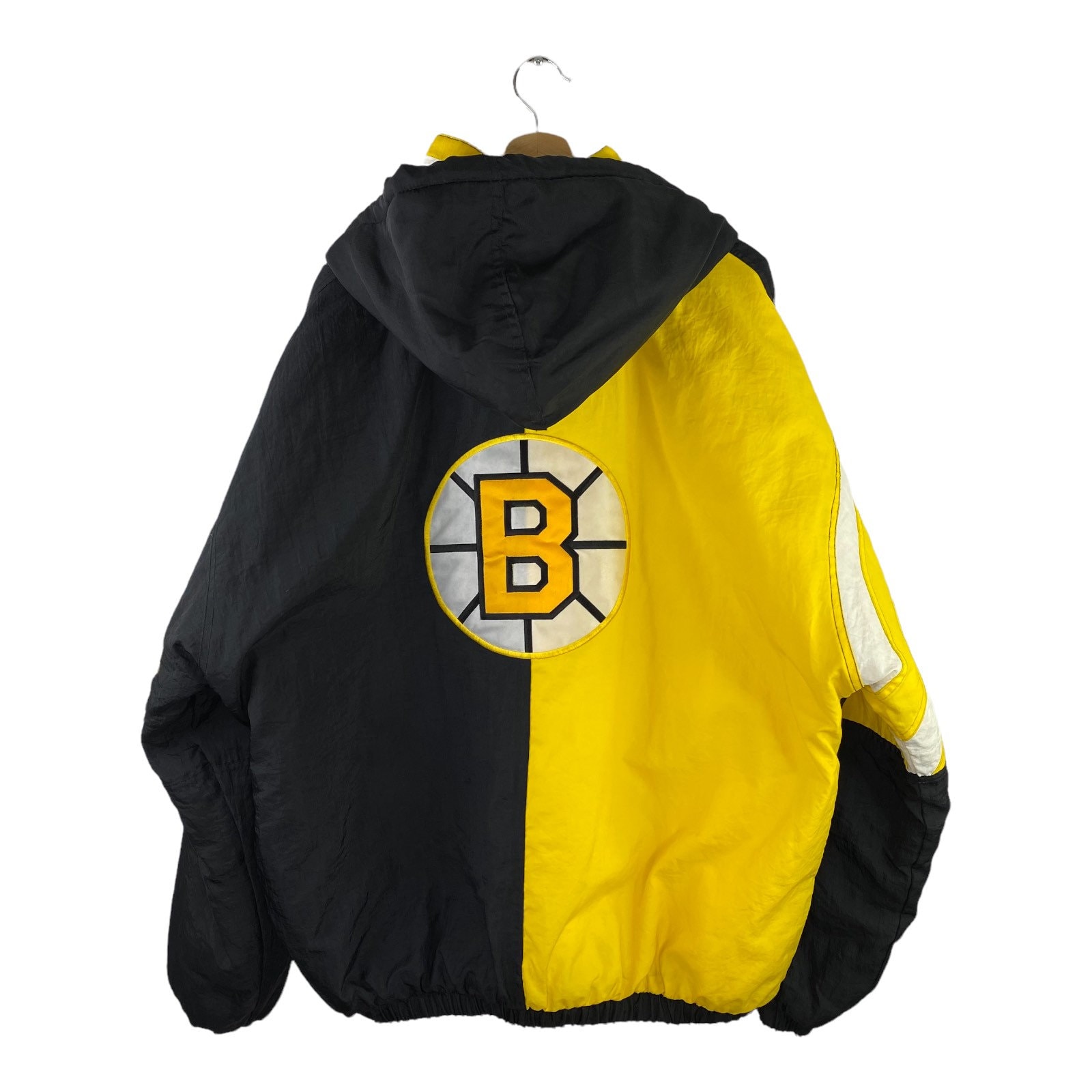 Starter Boston Bruins NHL Vintage 90s Sports Hooded Puffer Bomber Jacket,  Black / Yellow, Large