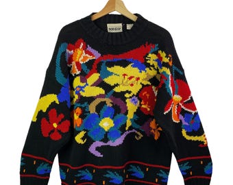 Hand Made in Nepal Knit Wool Multicolor Style Knit Sweater 80s/90s 