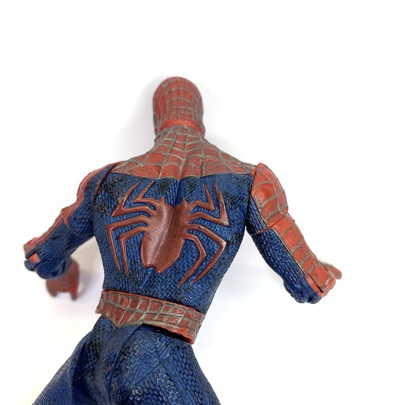 May include: A blue and red Spider-Man action figure, viewed from the back. The figure features a detailed spider emblem on the back and red accents on the arms and head. The figure is posed against a white background.
