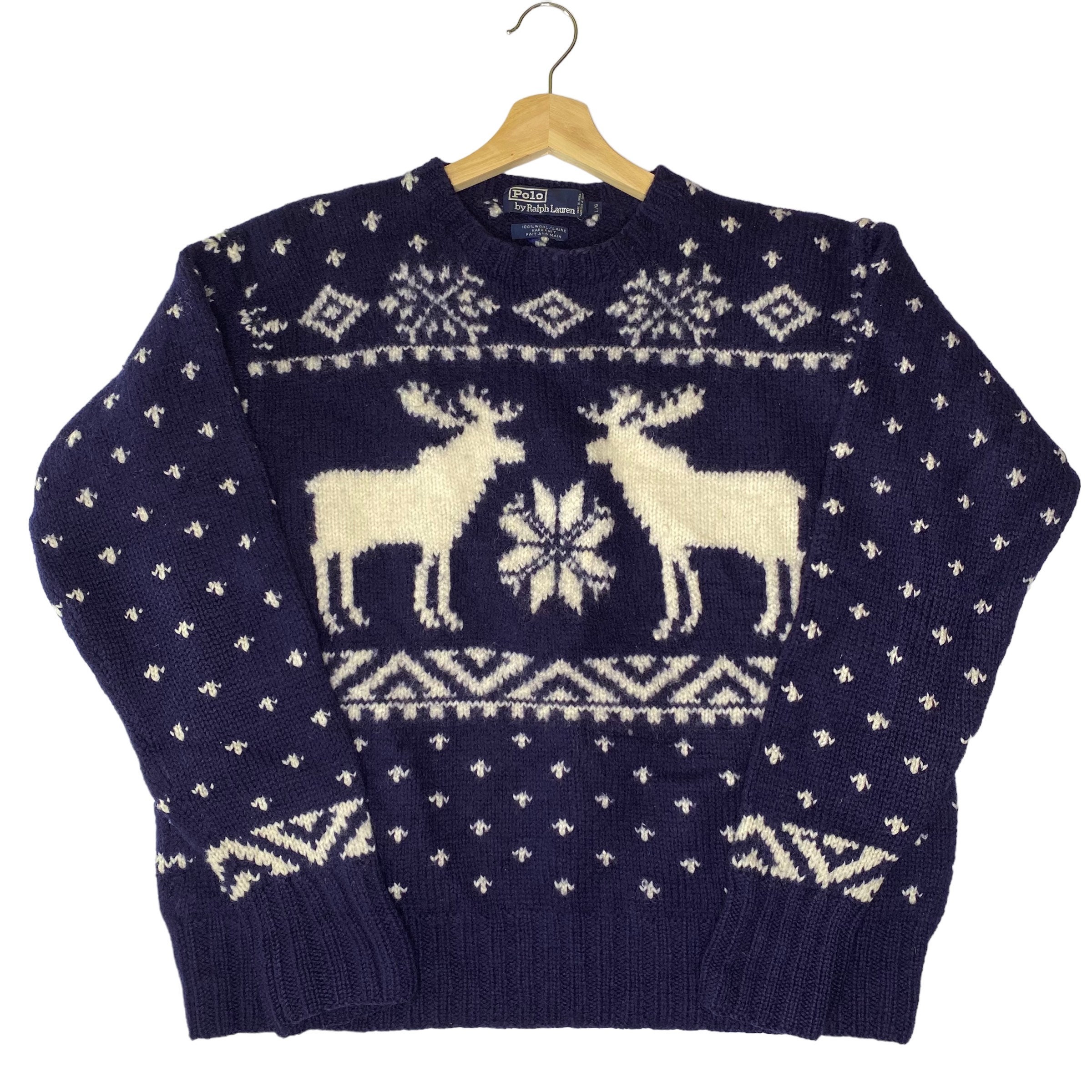 VTG 90s POLO Ralph Lauren WOOL Hand Knit Sweater Reindeer & - Etsy