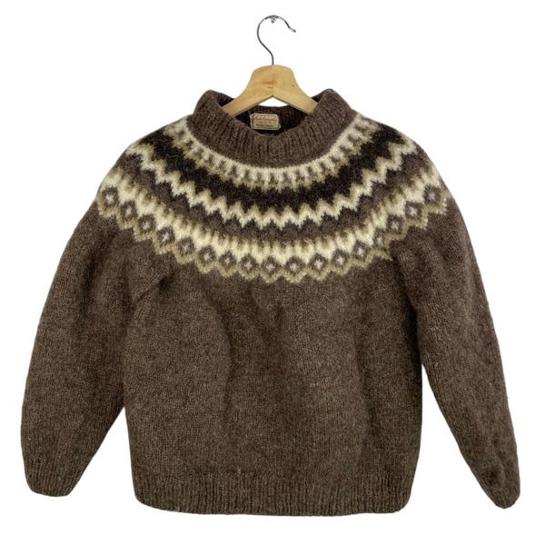 Suéter vintage de lana marrón nórdico islandés Fair Isle retro de los años 70/80 pequeño