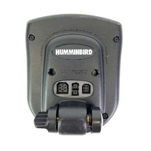 May include: A black Humminbird fish finder unit with the brand name prominently displayed. The unit features multiple connection ports and a mounting bracket. The back of the device is visible, showcasing its design and functionality.