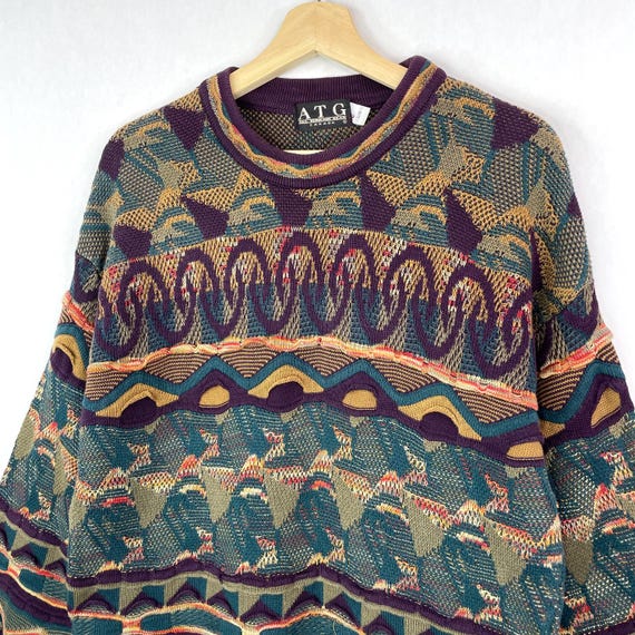 VTG ATG Canada 3D Knit Sweater Cosby Coogi Style Multicolor 80s 