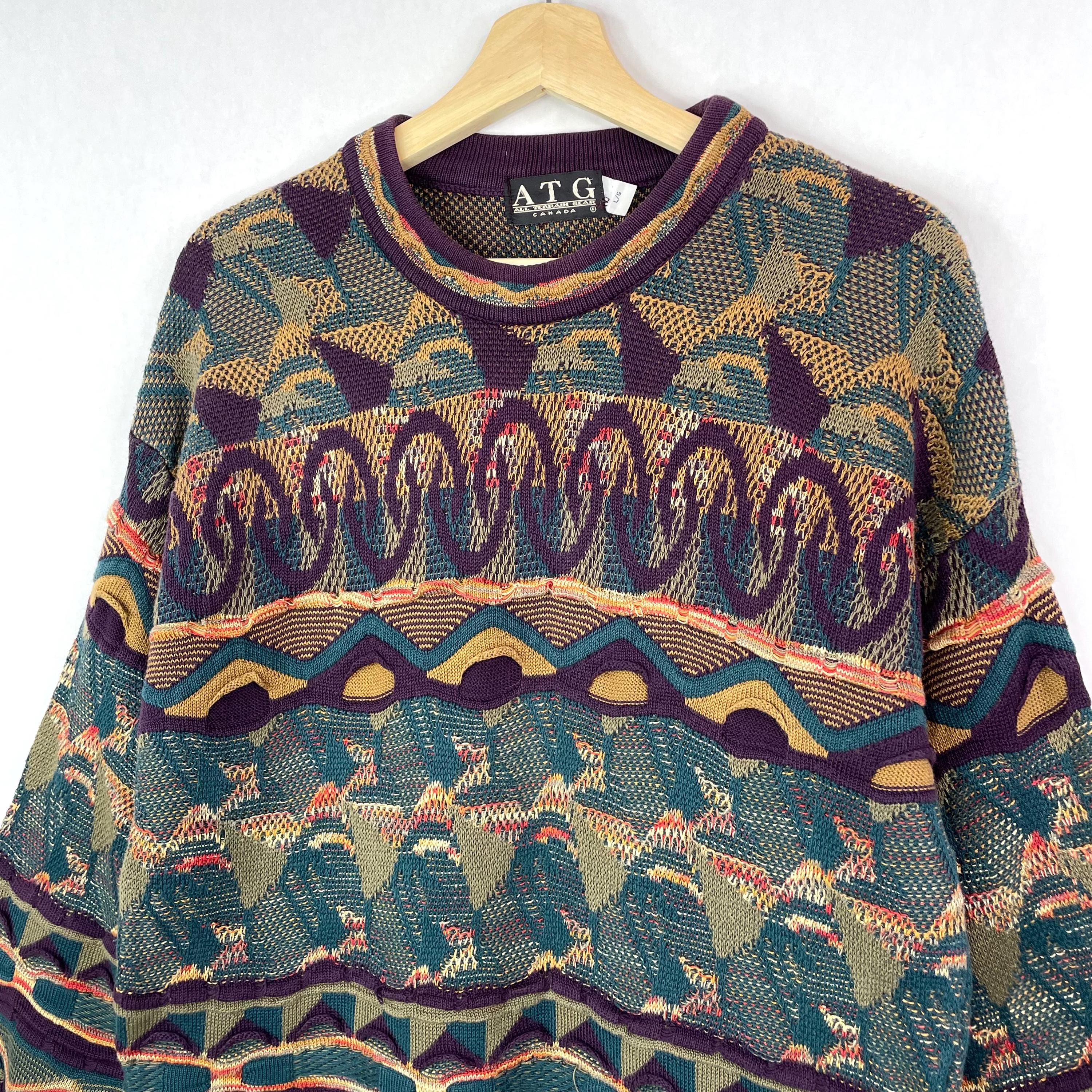 VTG ATG Canada 3D Knit Sweater Cosby Coogi Style Multicolor 80s