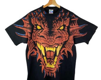 Vintage 1996 Liquid Blue Red Green Dragon Face AOP Double-Sided T-Shirt Size XL