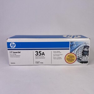 May include: An HP LaserJet 35A print cartridge box. The box is white with a blue stripe and the HP logo. Text on the box includes "Print Cartridge", "35A", and "P1005-P1006". A globe graphic is on the right side.